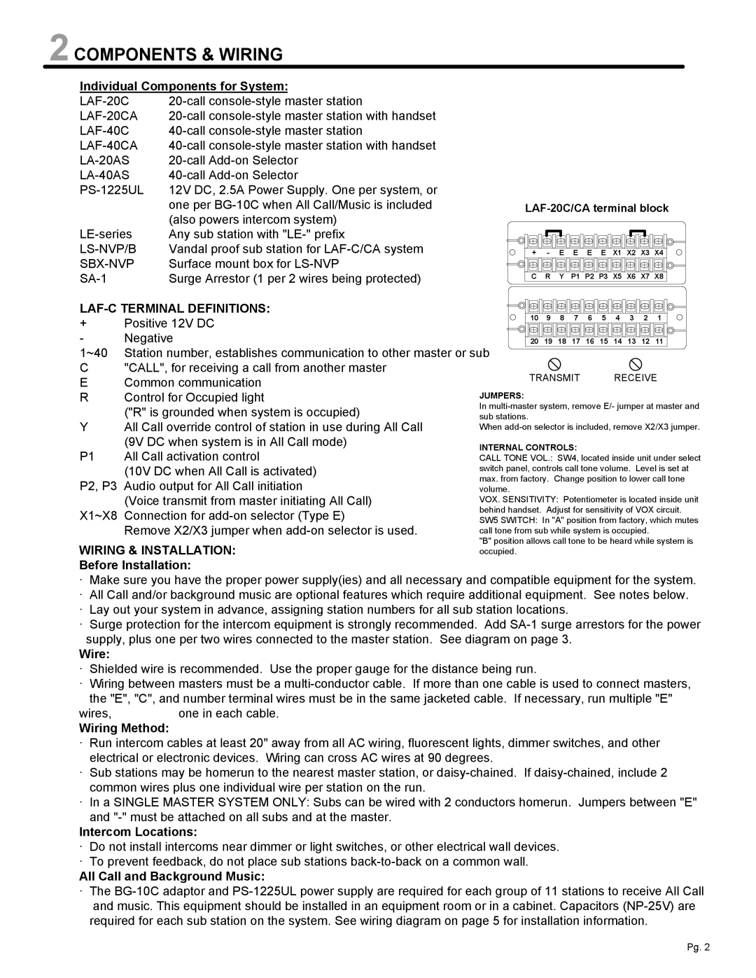 Aiphone LAF-40CA, LAF-20CA, LAF-CA manual Components & Wiring, LAF-C Terminal Definitions, Wiring & Installation 