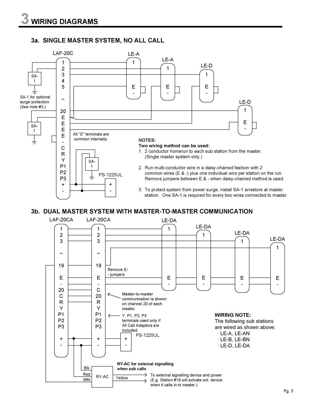 Aiphone LAF-20CA, LAF-CA, LAF-40CA manual Wiring Diagrams, 3a. Single Master SYSTEM, no ALL Call, Wiring Note 