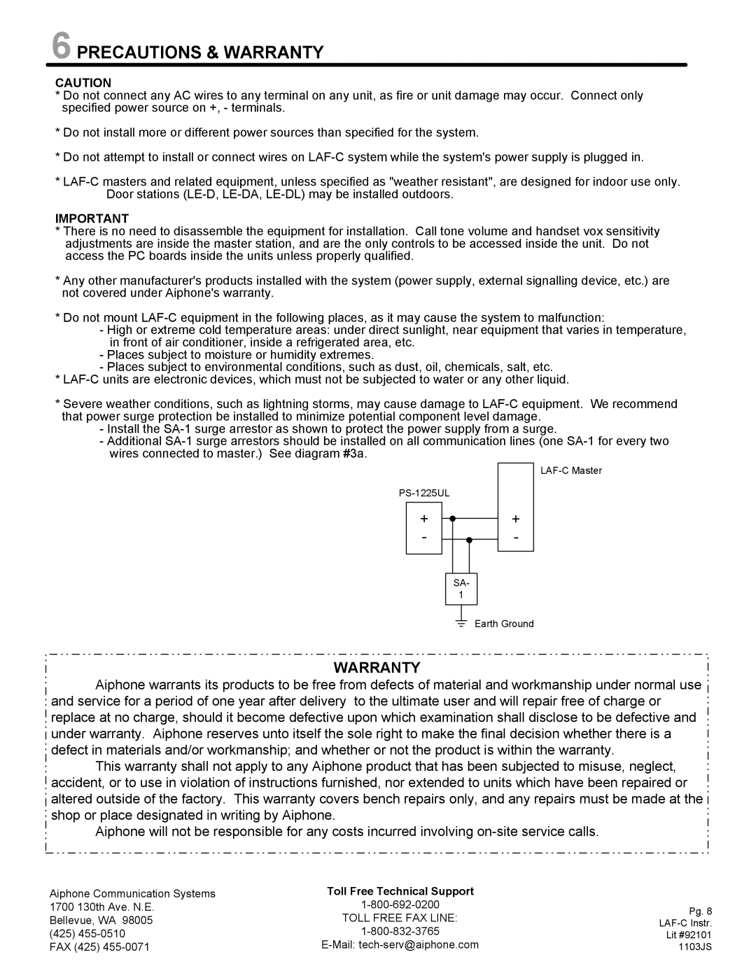 Aiphone LAF-20CA, LAF-CA, LAF-40CA manual Precautions & Warranty, Toll Free Technical Support 