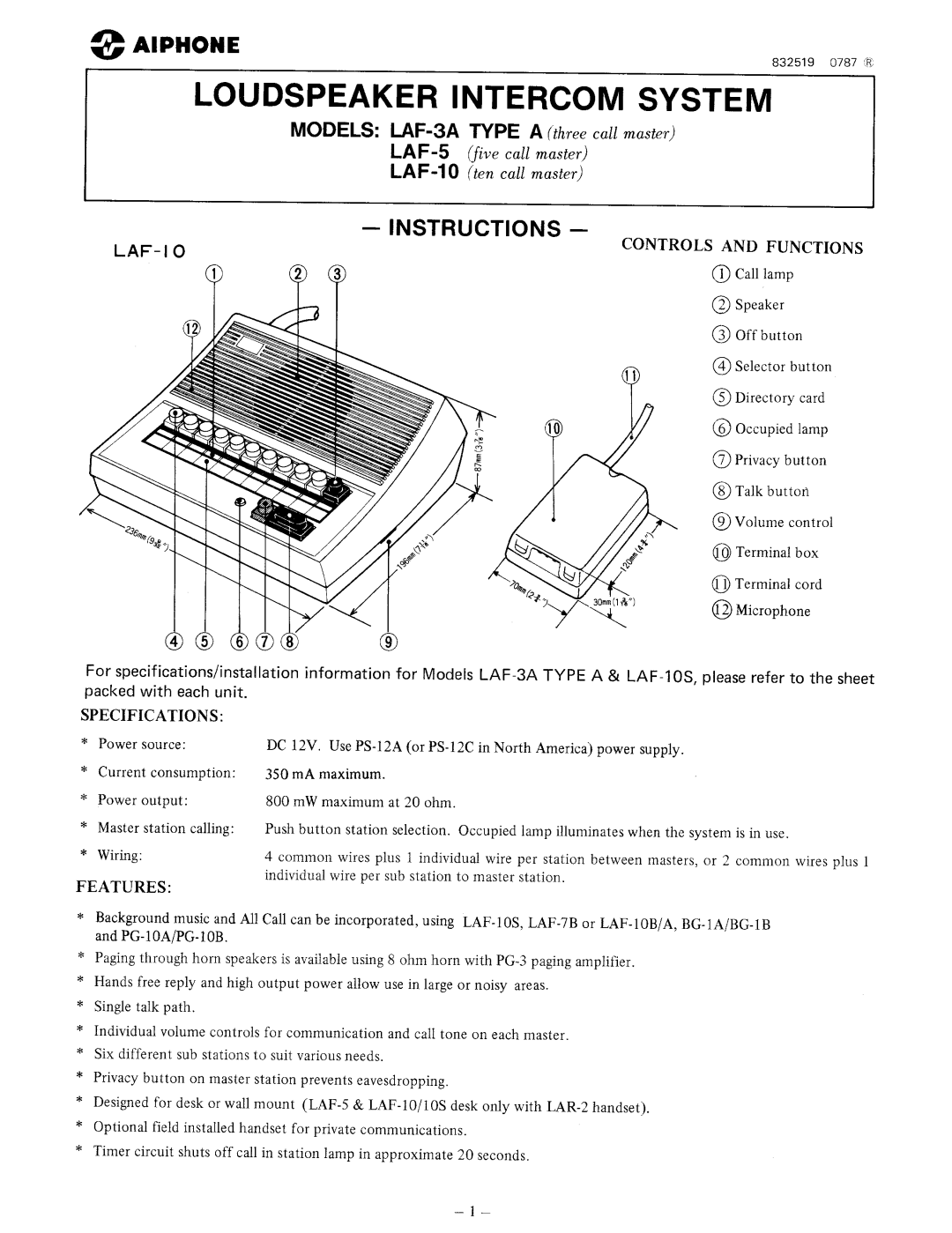 Aiphone LAF-10, LAF-3A, LAF-5 manual 