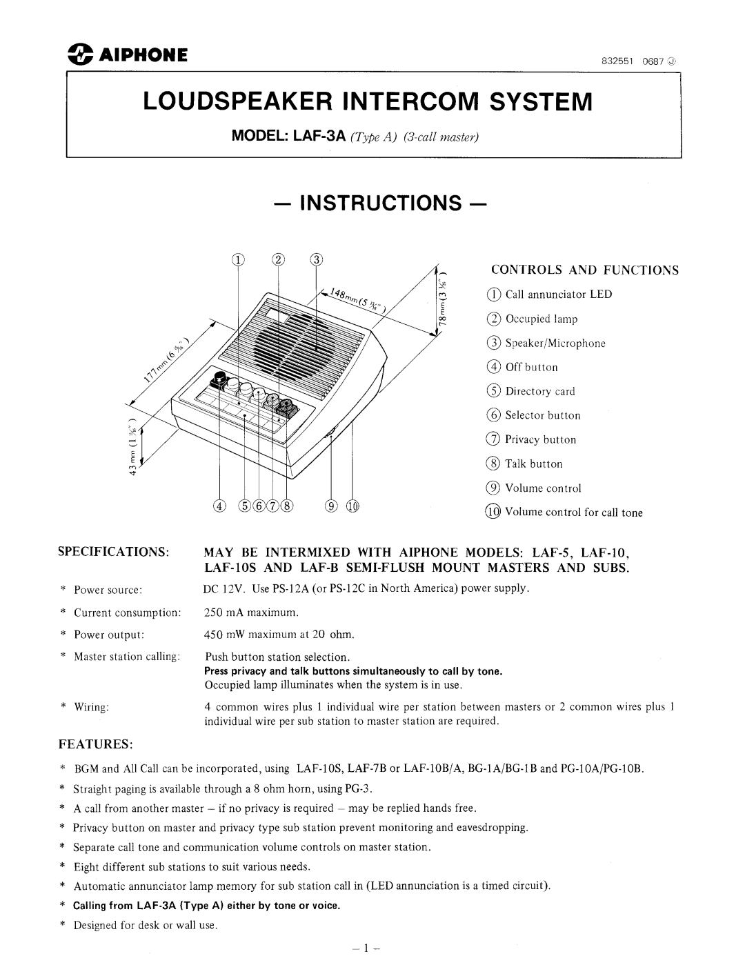 Aiphone LAF-3A manual 