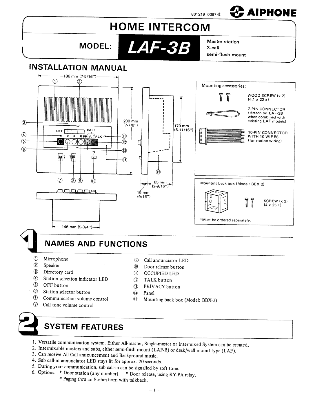 Aiphone LAF-3B manual 