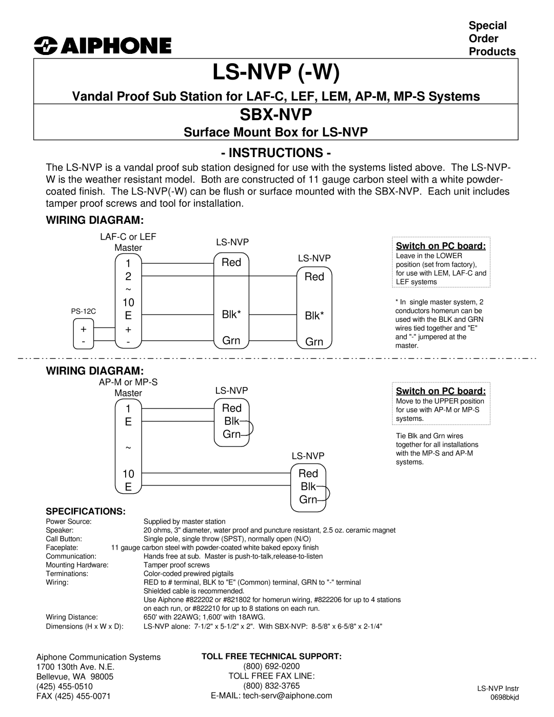 Aiphone AP-M, LAF-C, LEF specifications Ls-Nvp -W, Sbx-Nvp, Instructions, Switch on PC board, Toll Free Technical Support 