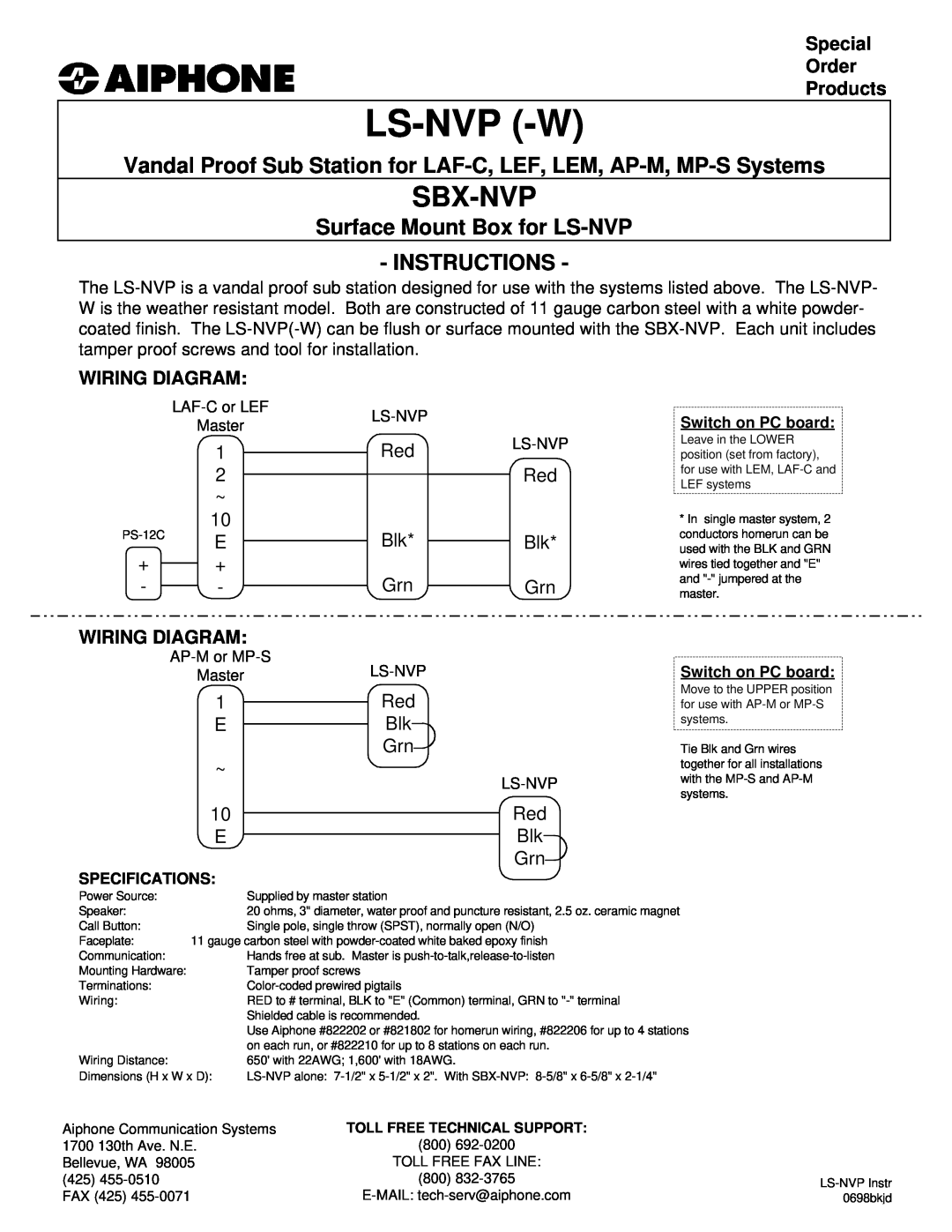 Aiphone AP-M, LAF-C specifications Ls-Nvp -W, Sbx-Nvp, Surface Mount Box for LS-NVP INSTRUCTIONS, Special Order Products 