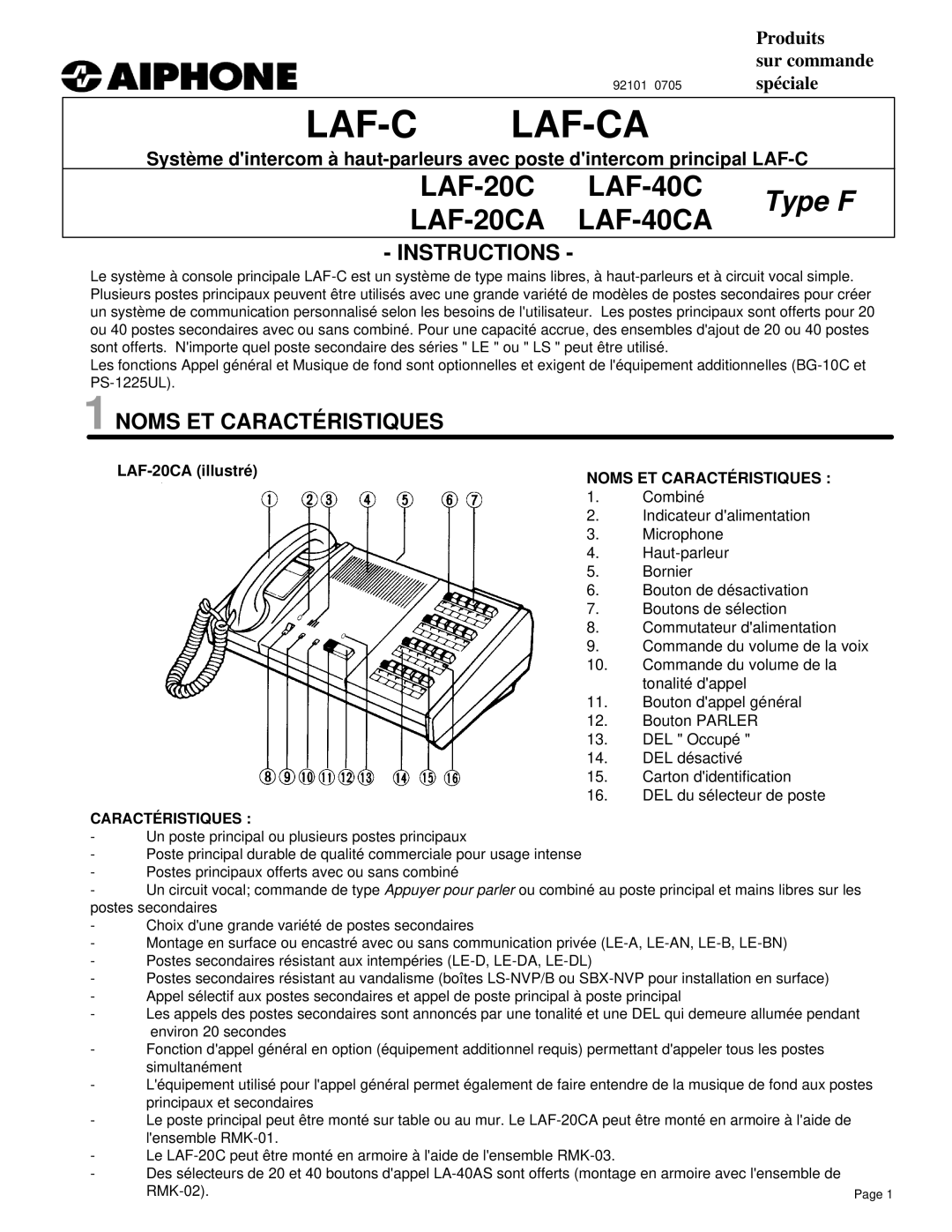 Aiphone LAF-C manual Instructions, Noms ET Caractéristiques, LAF-20CA illustré 