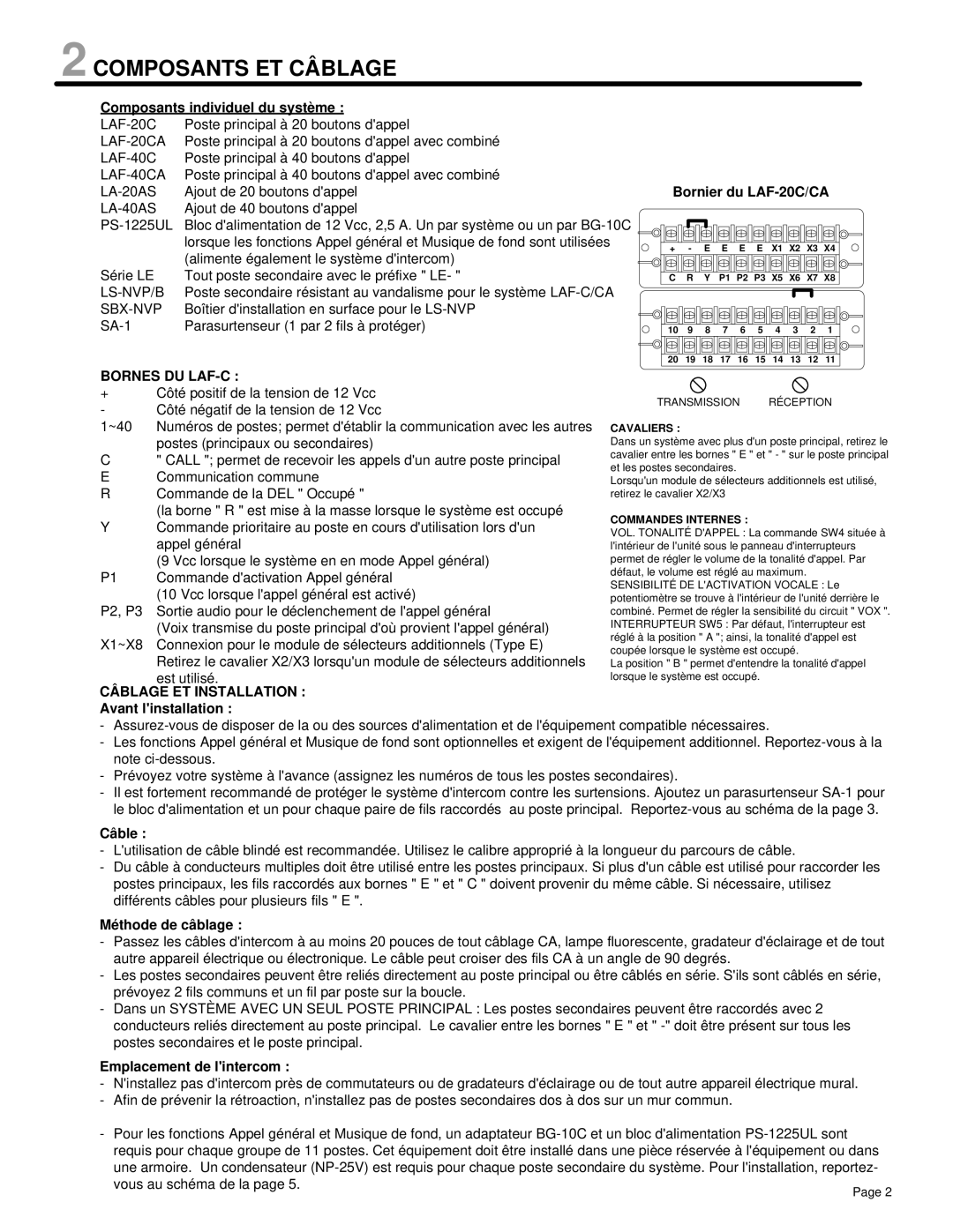 Aiphone LAF-C manual Composants ET Câblage 