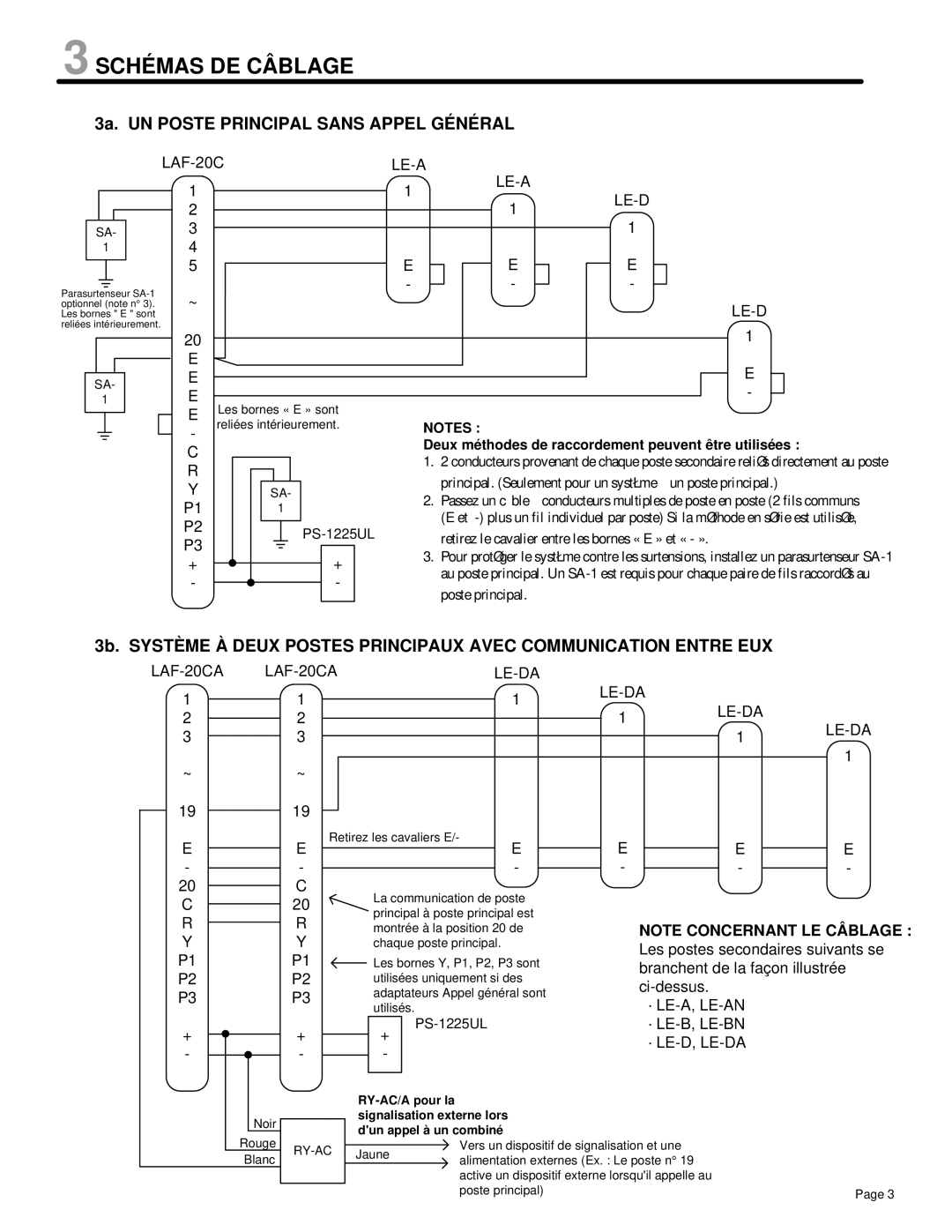 Aiphone LAF-C manual Schémas DE Câblage, Le-A Le-D, LAF-20CA LE-DA, Deux méthodes de raccordement peuvent être utilisées 