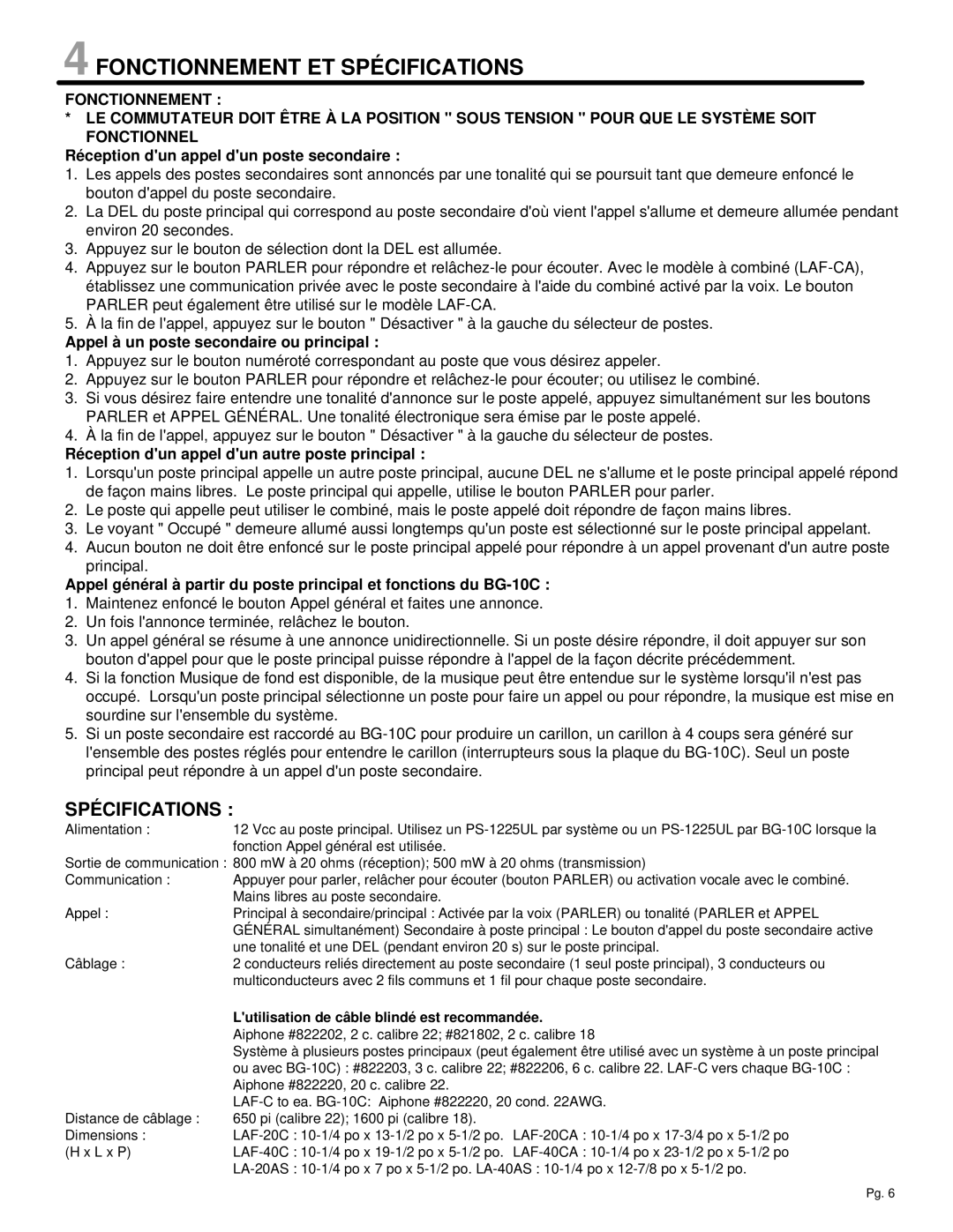 Aiphone LAF-C manual Fonctionnement ET Spécifications, Réception dun appel dun poste secondaire 