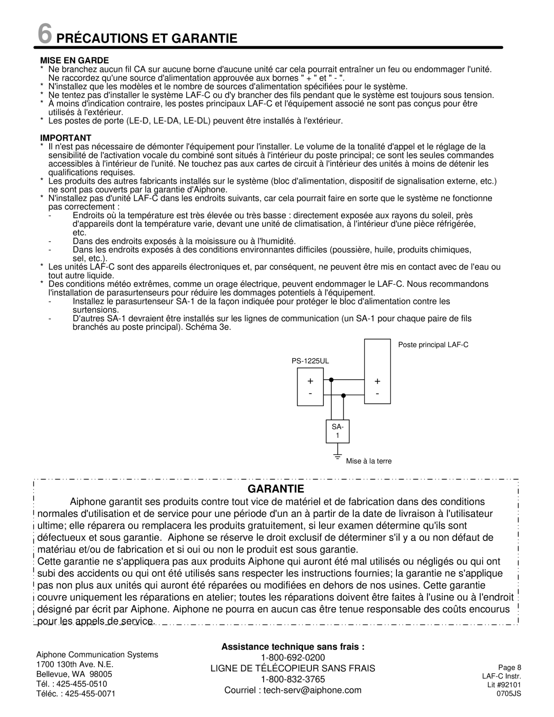 Aiphone LAF-C Précautions ET Garantie, Mise EN Garde, Assistance technique sans frais, Ligne DE Télécopieur Sans Frais 