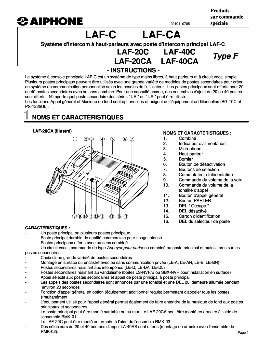 Aiphone LAF-C manual Instructions, Noms Et Caractéristiques, Laf-C Laf-Ca, LAF-20C LAF-40C, LAF-20CA LAF-40CA, Type F 