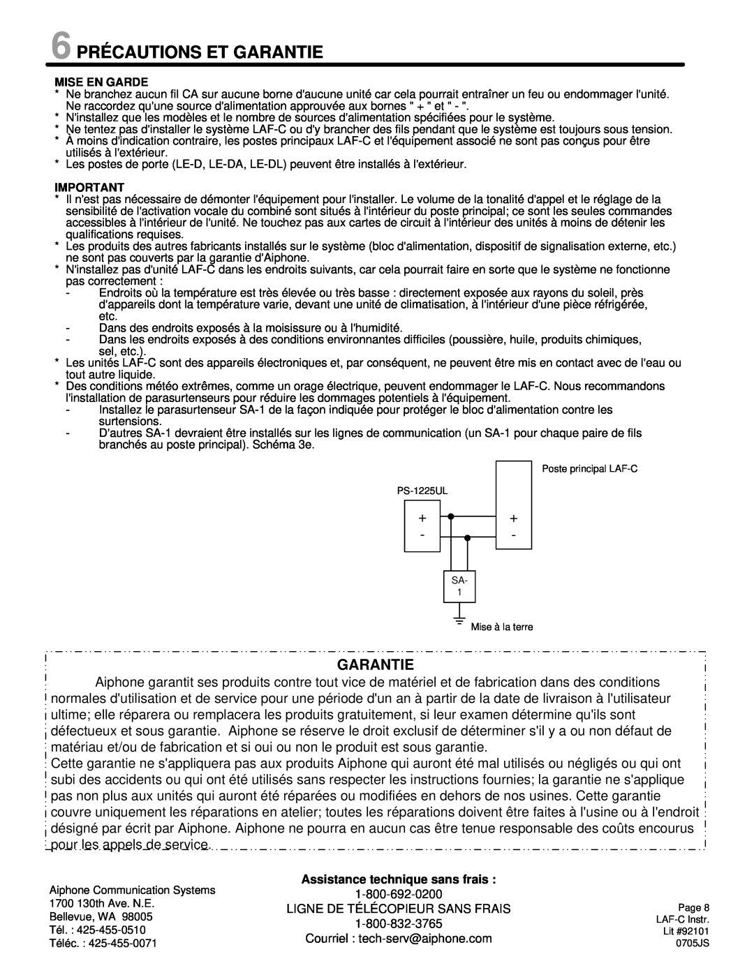Aiphone LAF-C manual 6 PRÉCAUTIONS ET GARANTIE, Garantie 