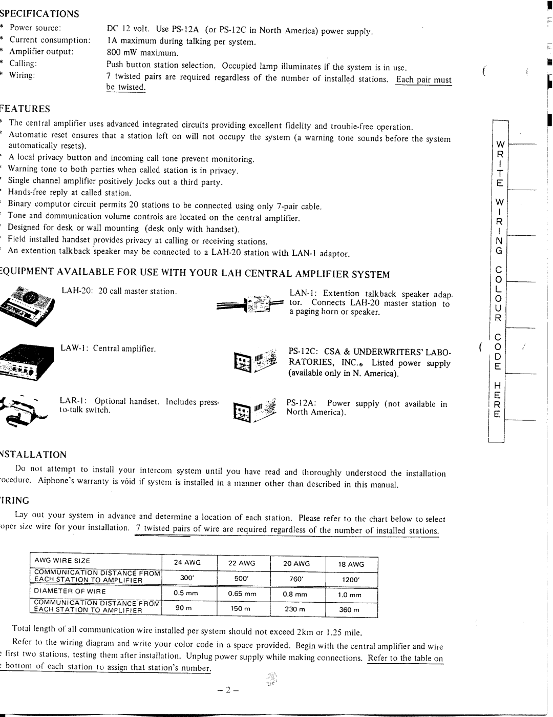 Aiphone LAH-20, LAW-1 manual 