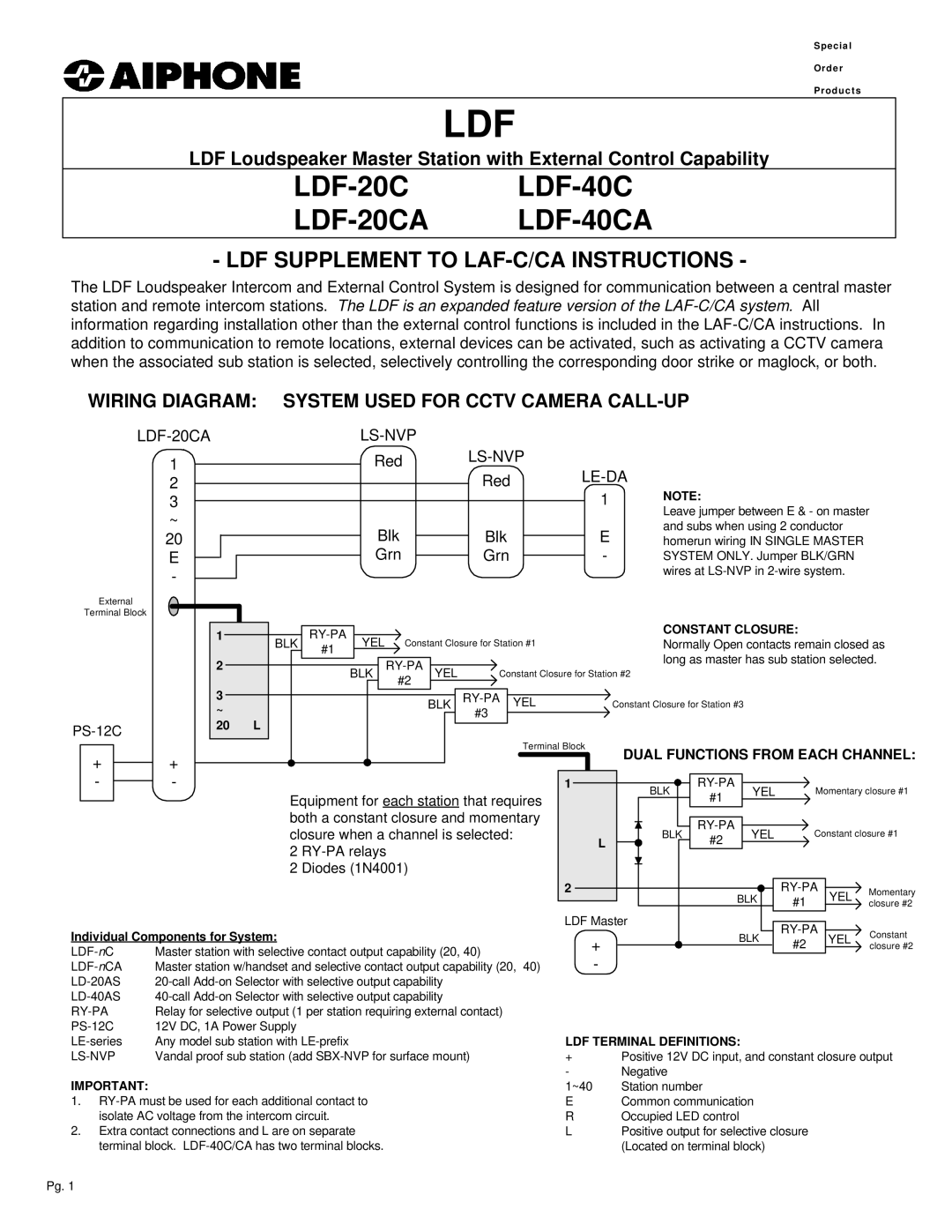 Aiphone LDF-40CA manual LDF-20CA, Ls-Nvp Le-Da 