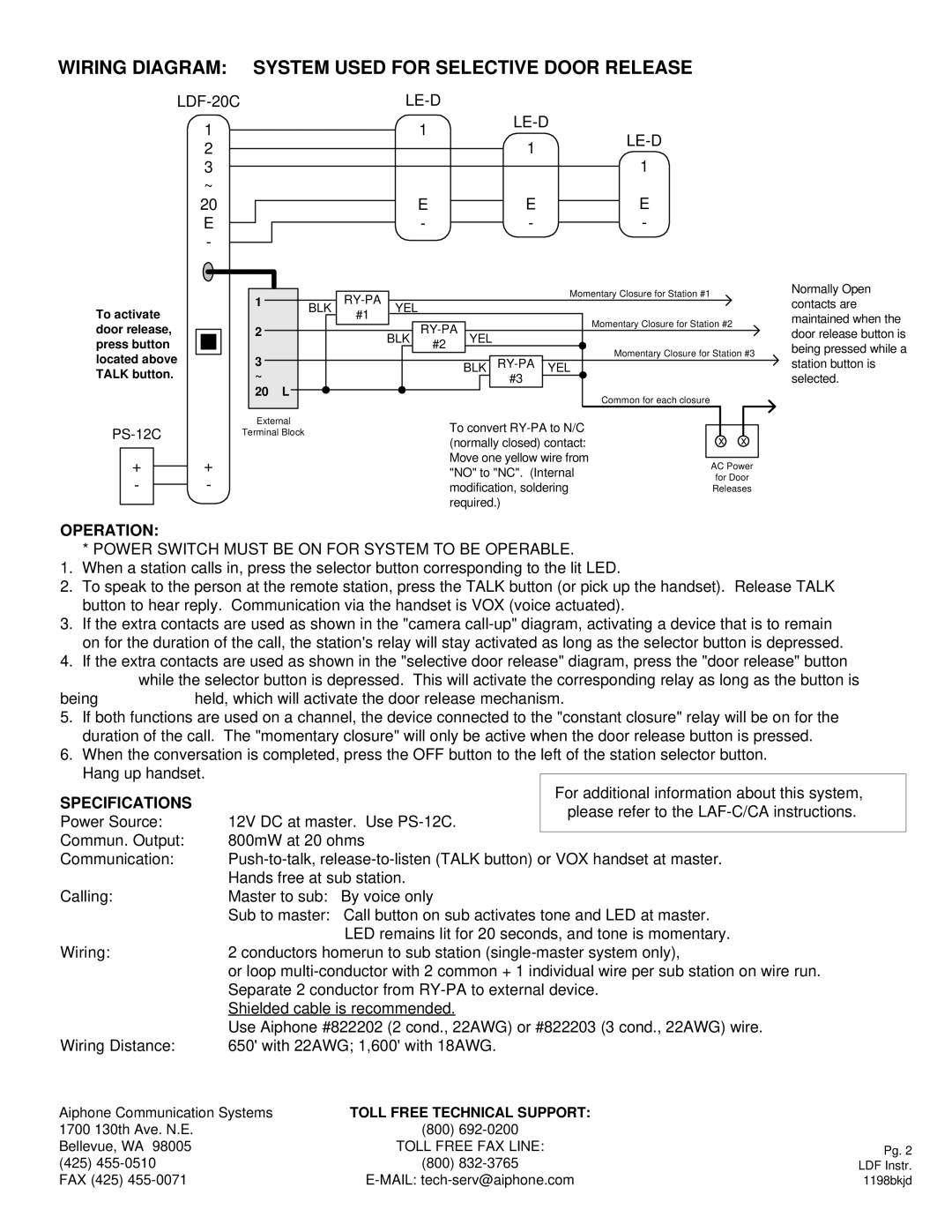 Aiphone LDF-40CA, LDF-20CA manual LDF-20C LE-D, Power Switch Must be on for System to be Operable 