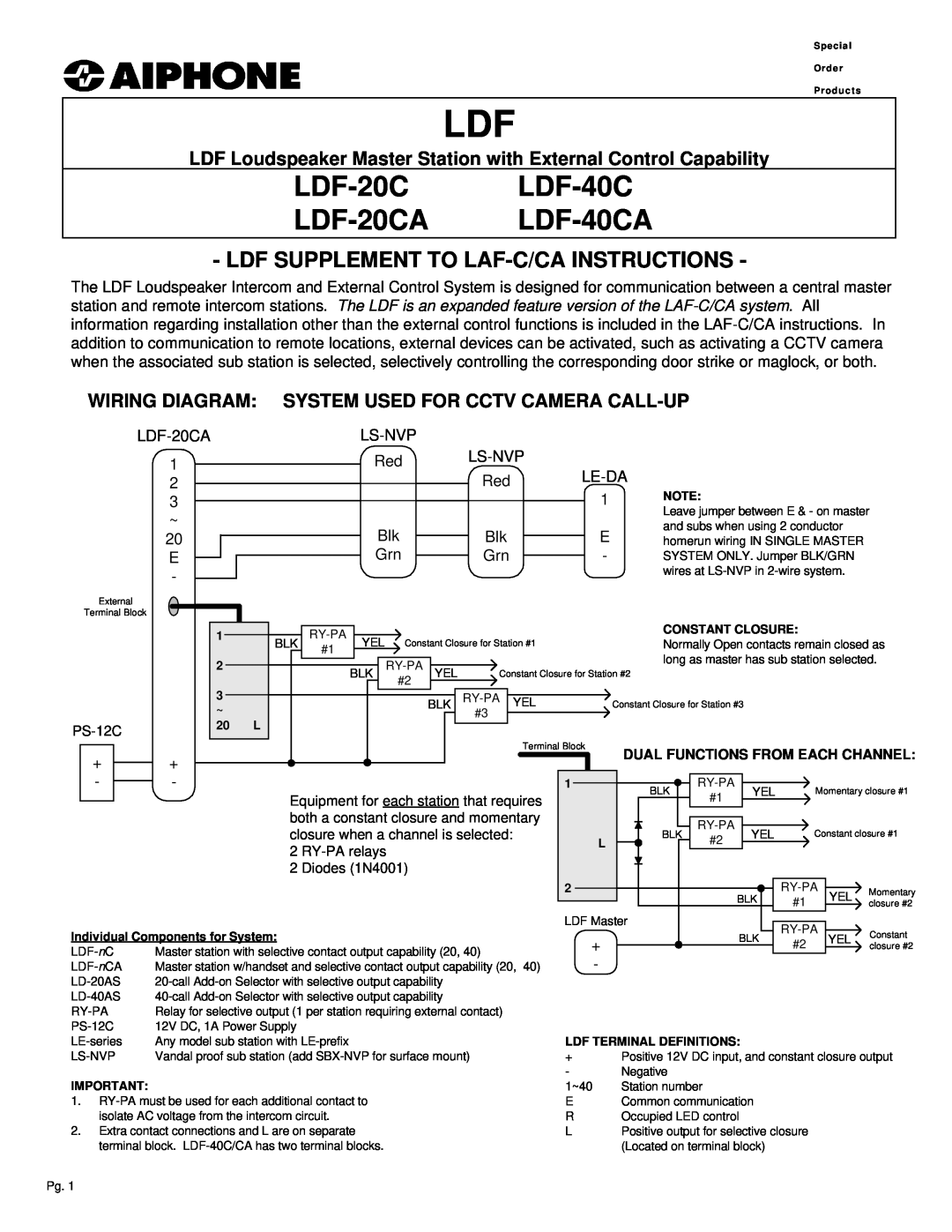 Aiphone manual LDF Loudspeaker Master Station with External Control Capability, LDF-20C LDF-40C LDF-20CA LDF-40CA 