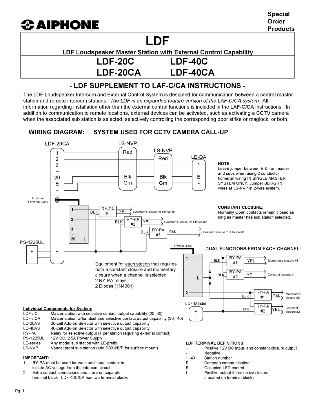 Aiphone manual Wiring Diagram System Used for Cctv Camera CALL-UP, LDF-20CA LS-NVP, Ls-Nvp Le-Da 