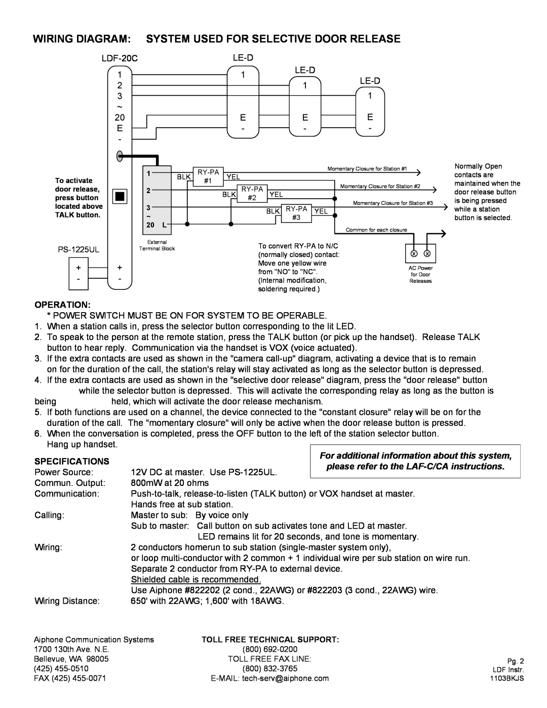 Aiphone LDF-20C manual Wiring Diagram System Used For Selective Door Release, Operation, Specifications 