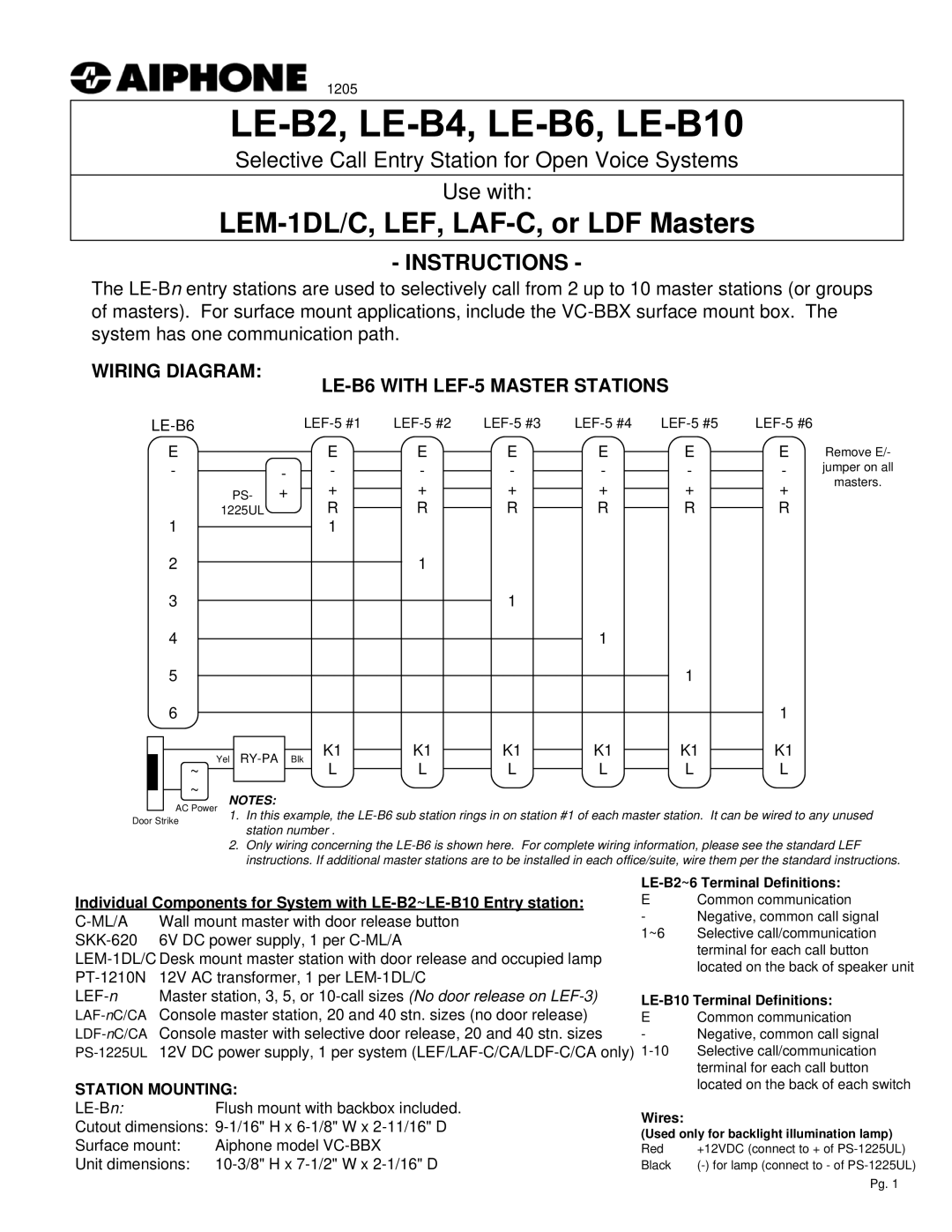 Aiphone LE-B10, LE-B4 dimensions Wiring Diagram LE-B6 with LEF-5 Master Stations, LE-B2~6 Terminal Definitions, Wires 