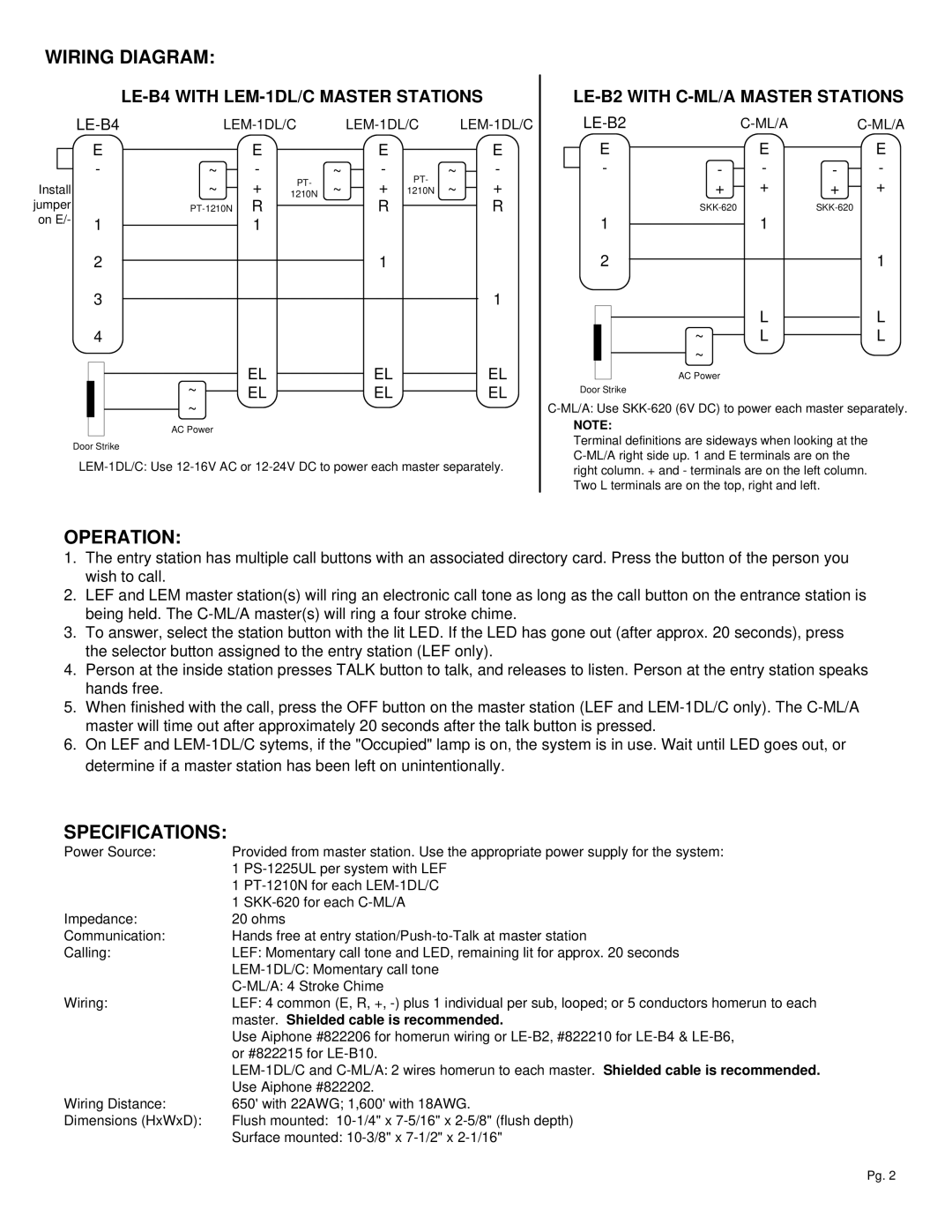 Aiphone LE-B10, LE-B2, LE-B6, LE-B4 Wiring Diagram, Operation, Specifications, Master. Shielded cable is recommended 