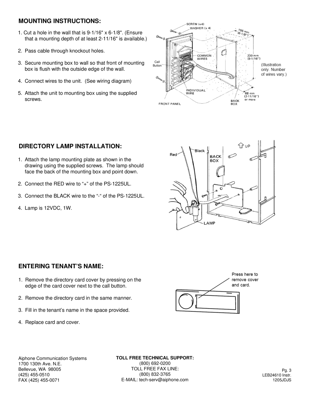 Aiphone LE-B4, LE-B2, LE-B6, LE-B10 dimensions Mounting Instructions, Directory Lamp Installation, Entering TENANT’S Name 