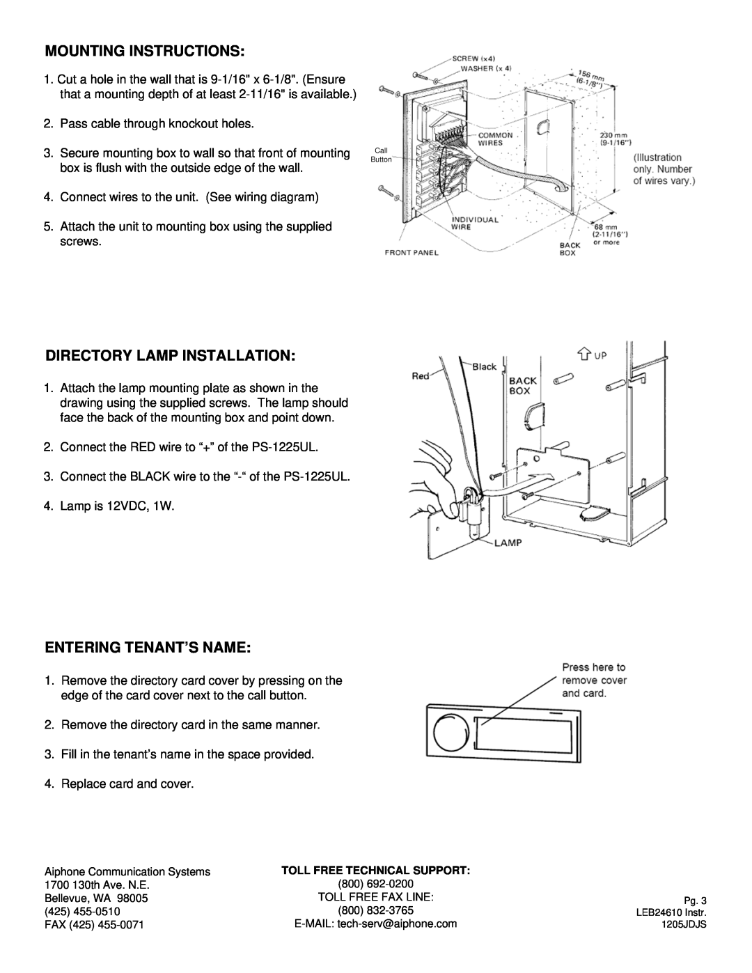 Aiphone LE-B4, LE-B2, LE-B6, LE-B10 dimensions Mounting Instructions, Directory Lamp Installation, Entering Tenant’S Name 