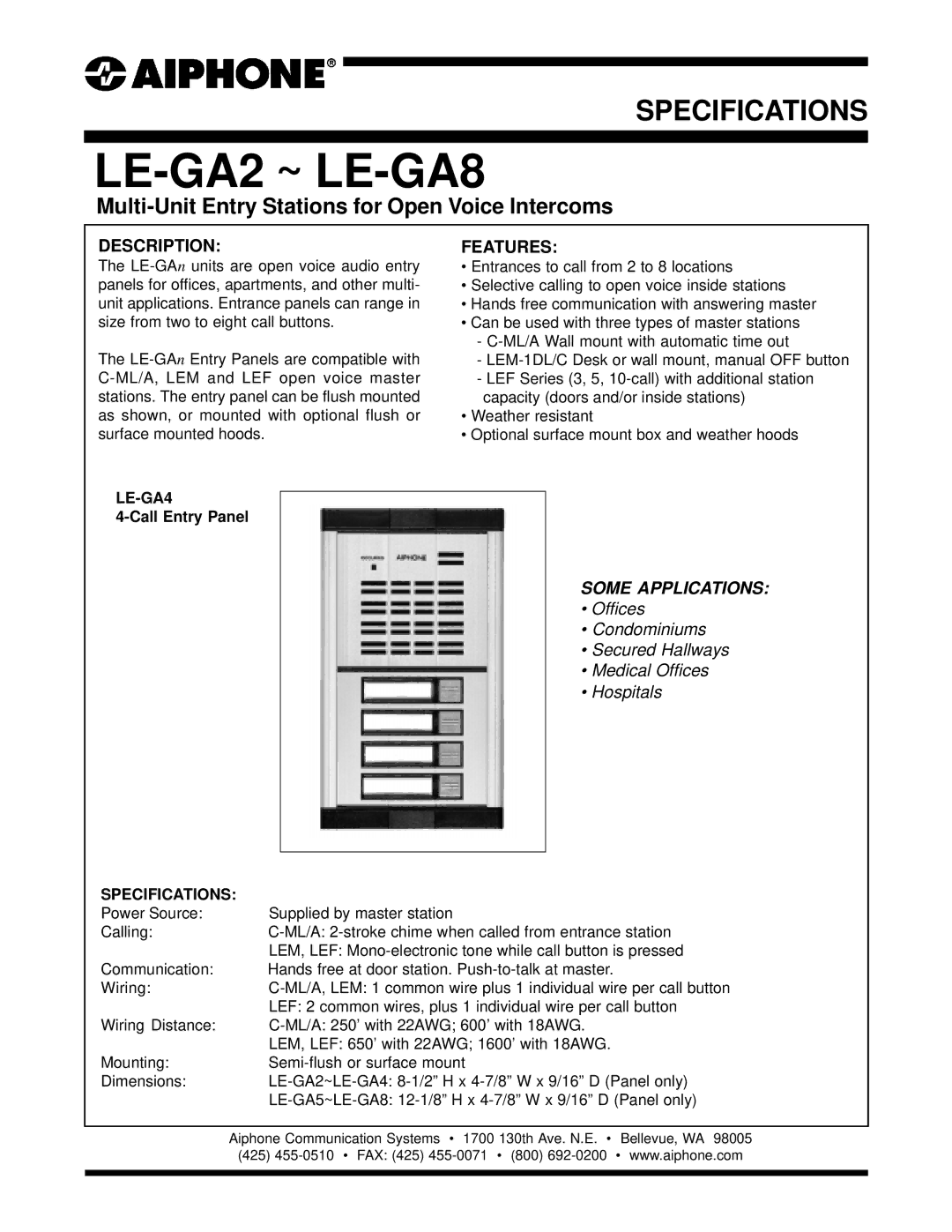 Aiphone LE-GA8, LE-GA2 specifications Description, Features, LE-GA4, Specifications 