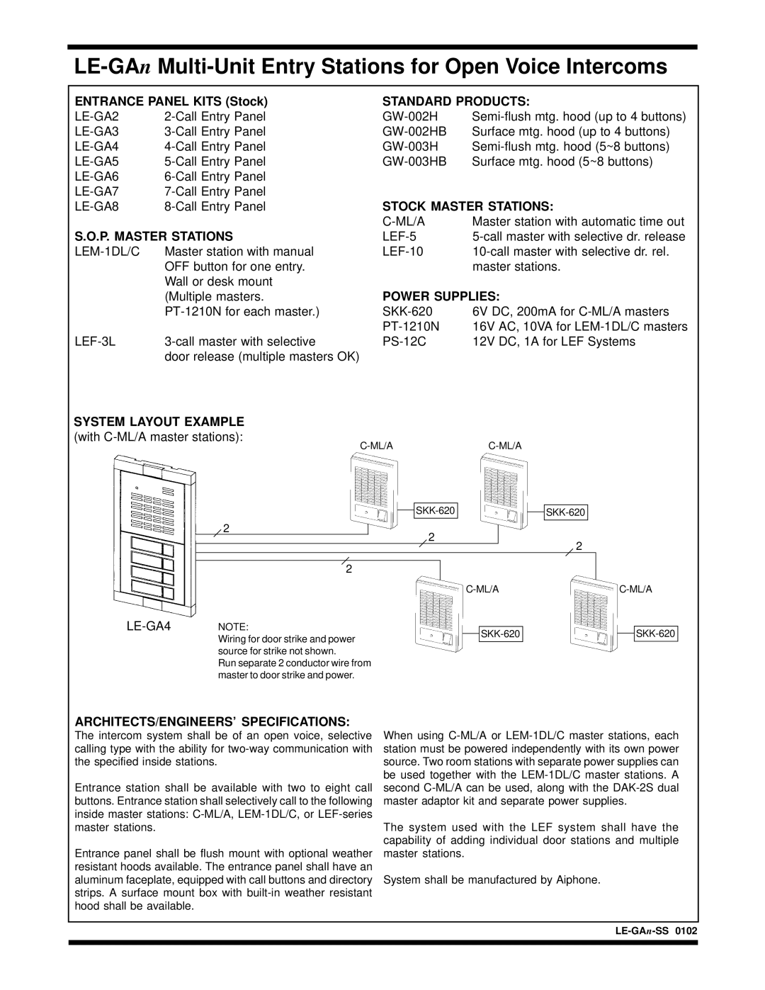 Aiphone LE-GA2, LE-GA8 specifications Standard Products, Stock Master Stations, P. Master Stations, Power Supplies 