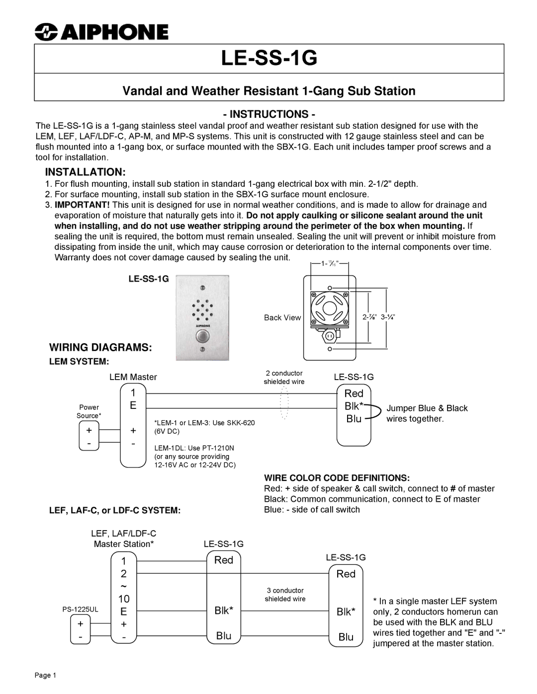 Aiphone LE-SS-1G warranty Instructions, Installation, Wiring Diagrams 