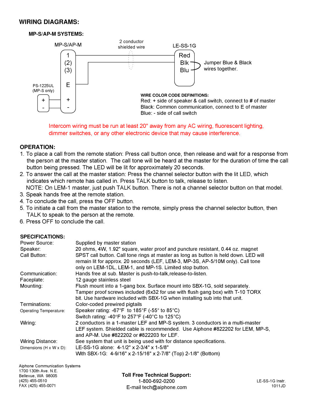 Aiphone LE-SS-1G warranty MP-S/AP-M Systems, Specifications 