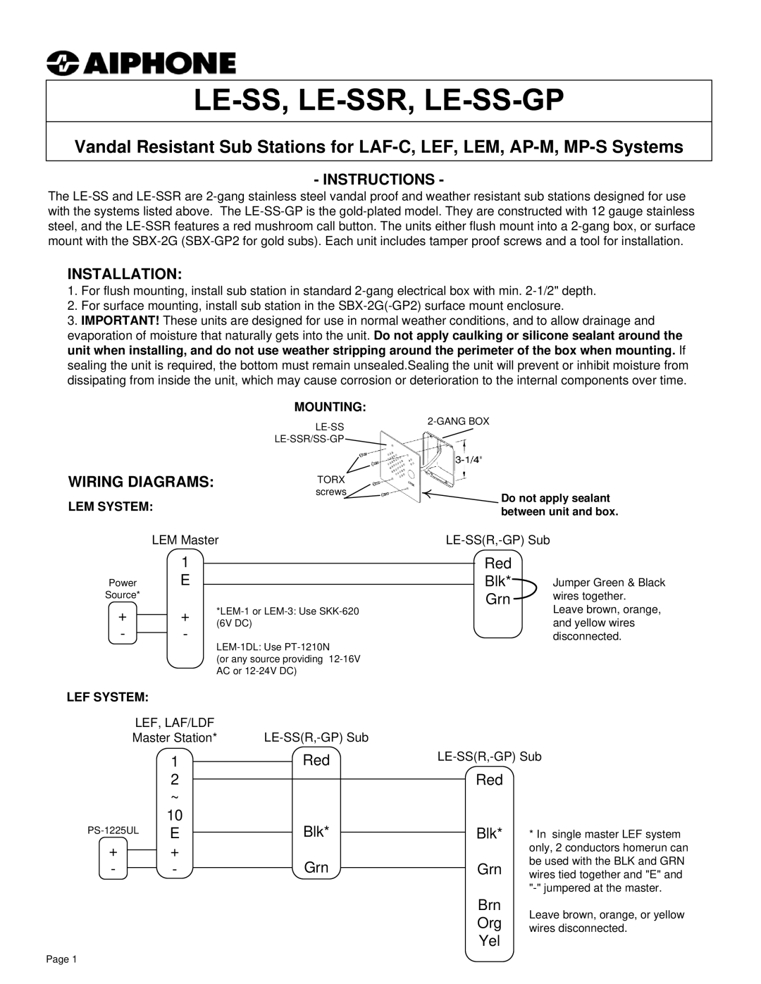 Aiphone LE-SS/LE-SSR/LE-SS-GP manual Instructions, Installation, Wiring Diagrams 