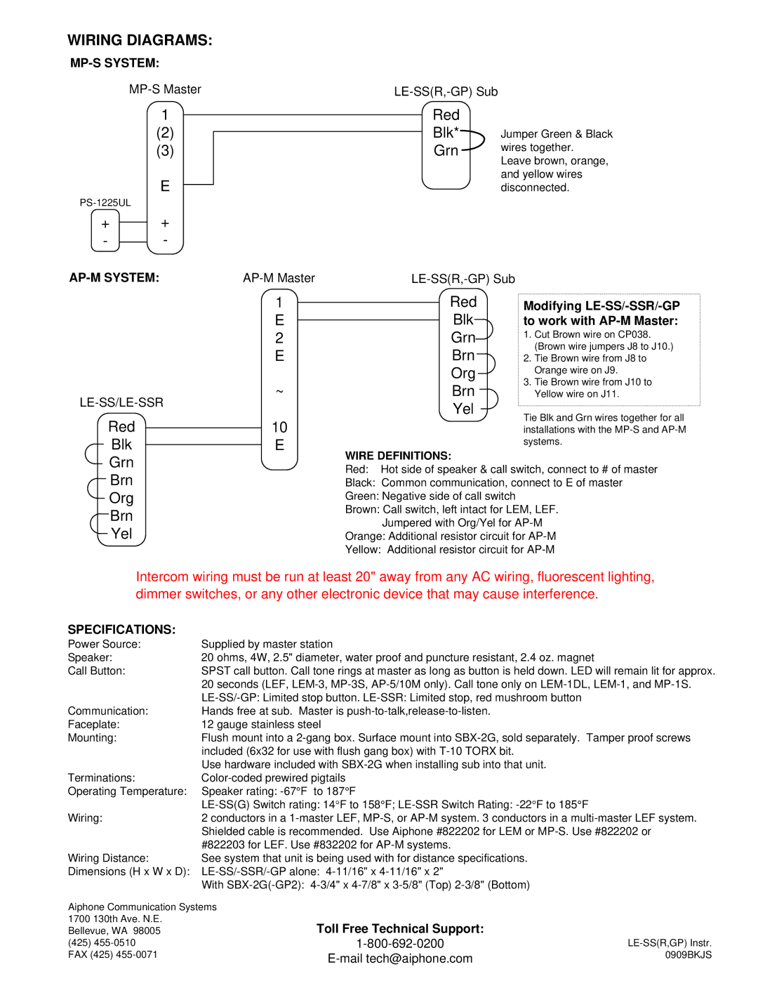 Aiphone LE-SS/LE-SSR/LE-SS-GP manual Brn, Yel Red, MP-S System, AP-M System, Specifications 