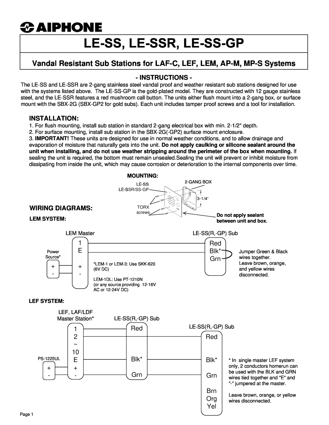 Aiphone A, LE-SS/LE-SSR manual Instructions, Installation, Wiring Diagrams 