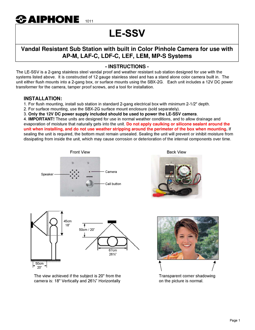 Aiphone LE-SSV manual Instructions, Installation 