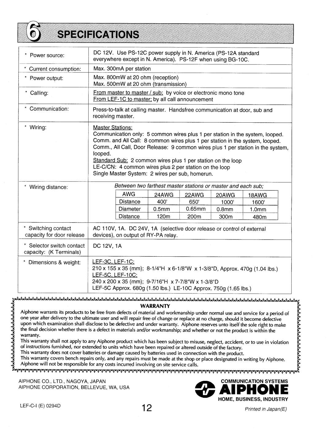 Aiphone LEF-10C, LEF-5C, LEF-3c manual 