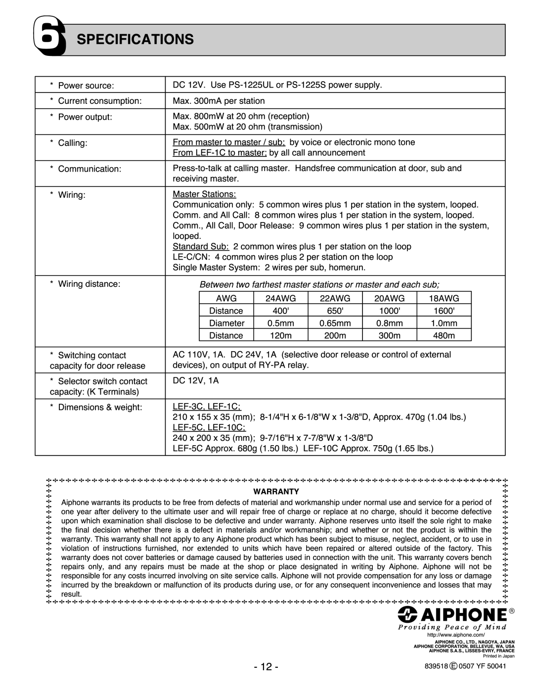 Aiphone LEF-10C, LEF-5C, LEF-3c manual 