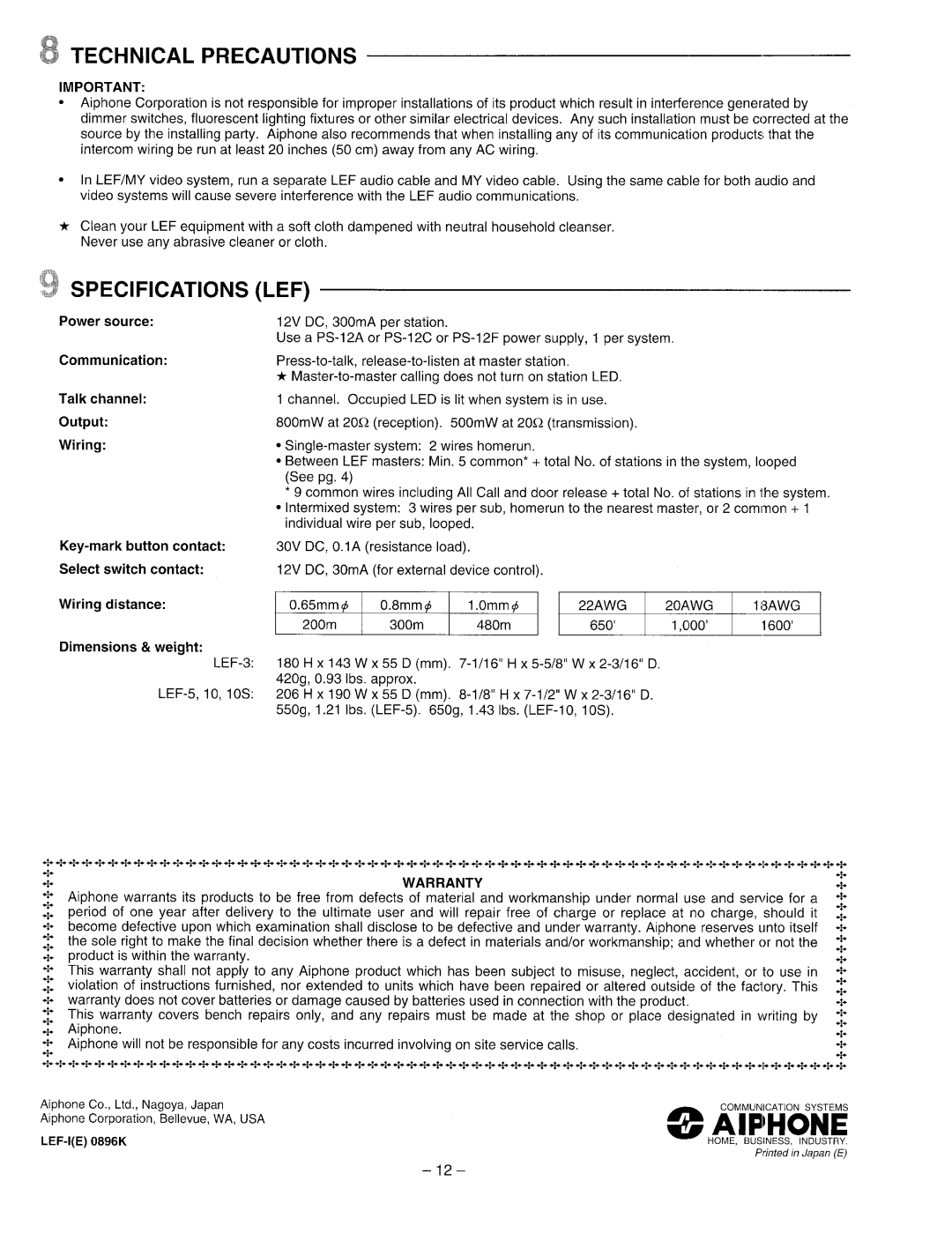 Aiphone LEF-3, LEF-5, LEF-10S manual 