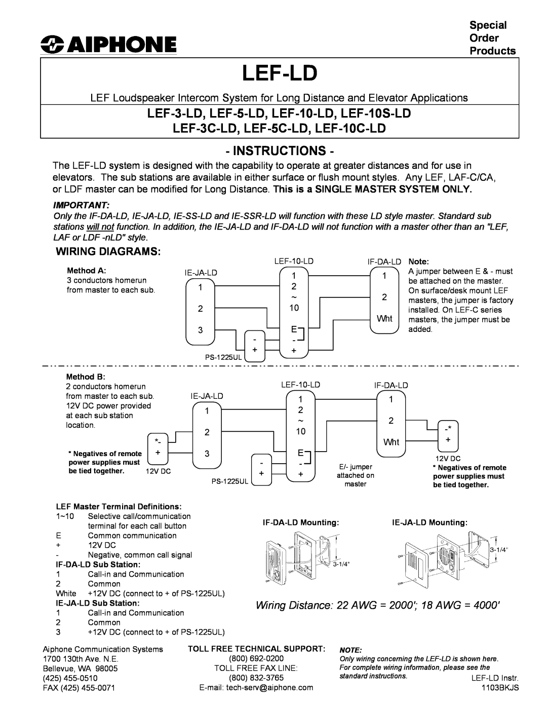 Aiphone manual Lef-Ld, LEF-3-LD, LEF-5-LD, LEF-10-LD, LEF-10S-LD, LEF-3C-LD, LEF-5C-LD, LEF-10C-LD INSTRUCTIONS 