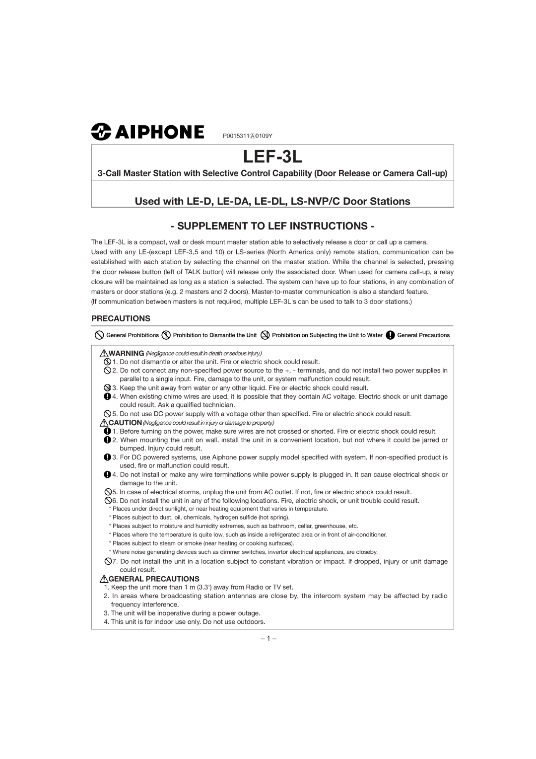 Aiphone LEF-3L manual Used with LE-D, LE-DA, LE-DL, LS-NVP/C Door Stations, Supplement to LEF Instructions, Precautions 