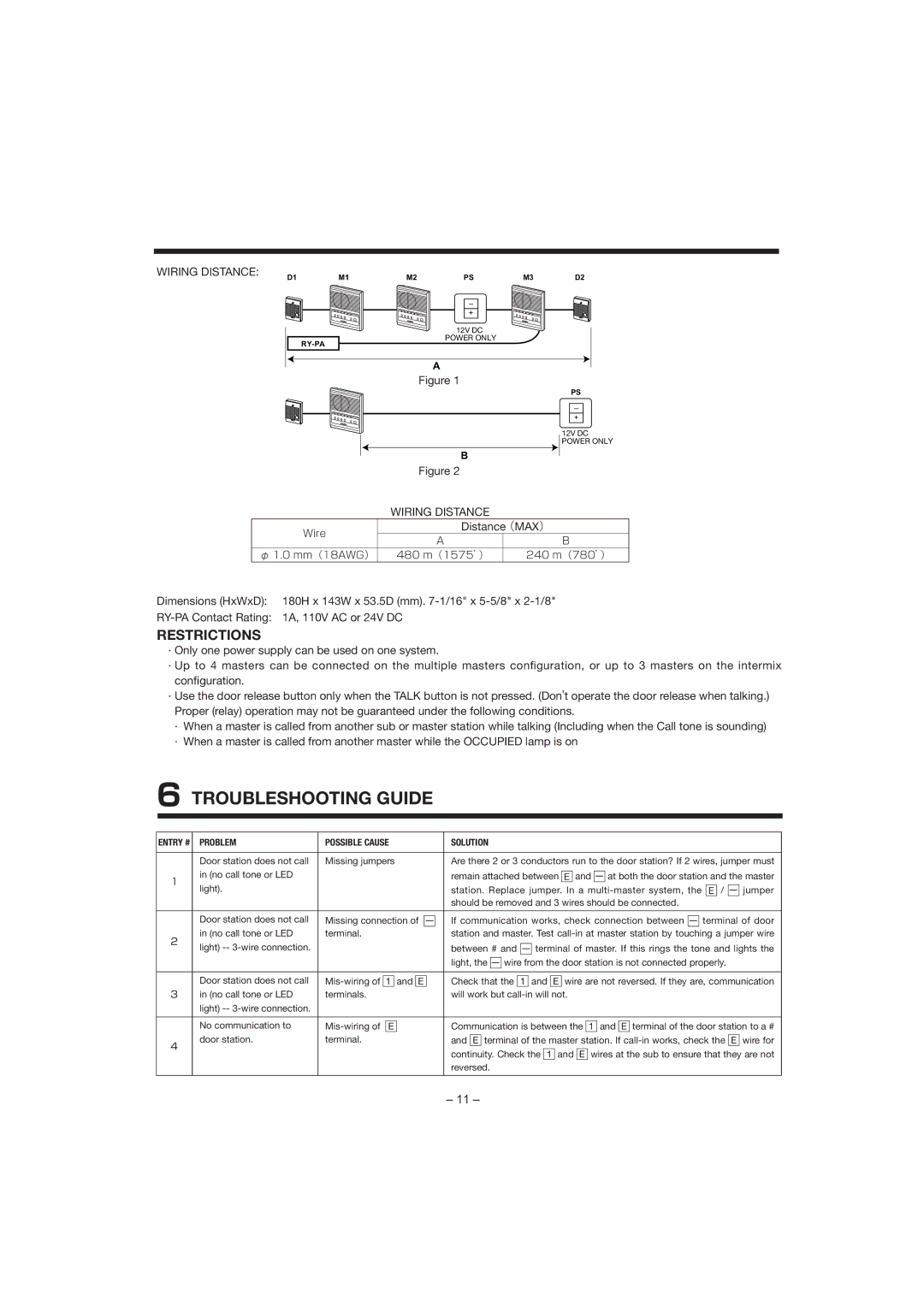 Aiphone LEF-3L manual Troubleshooting Guide, Restrictions, Wiring Distance 