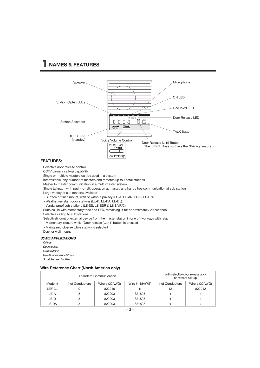 Aiphone LEF-3L manual １NAMES & Features, Wire Reference Chart North America only 