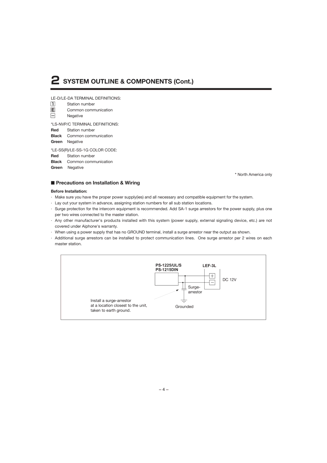 Aiphone LEF-3L manual System Outline & Components, Precautions on Installation & Wiring, LE-D/LE-DA Terminal Definitions 