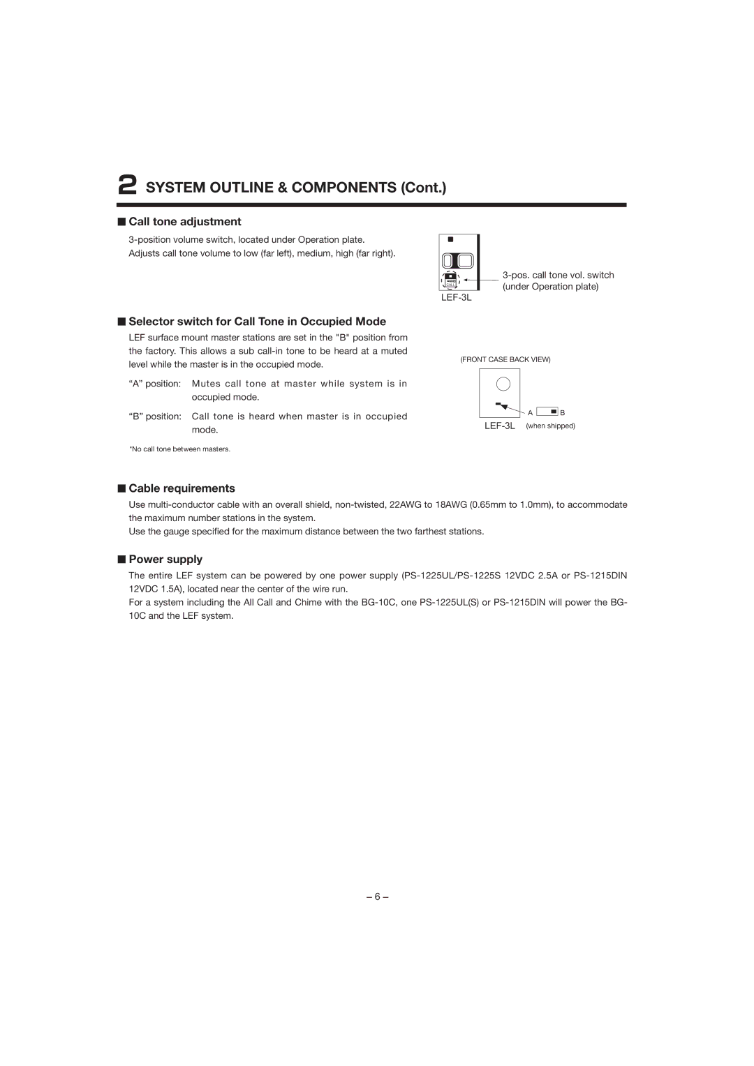 Aiphone LEF-3L Call tone adjustment, Selector switch for Call Tone in Occupied Mode, Cable requirements, Power supply 