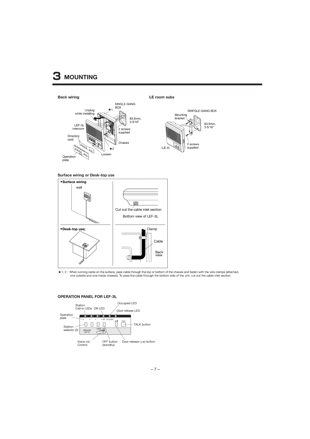 Aiphone manual Mounting, Back wiring LE room subs, Surface wiring or Desk-top use, Operation Panel for LEF-3L 