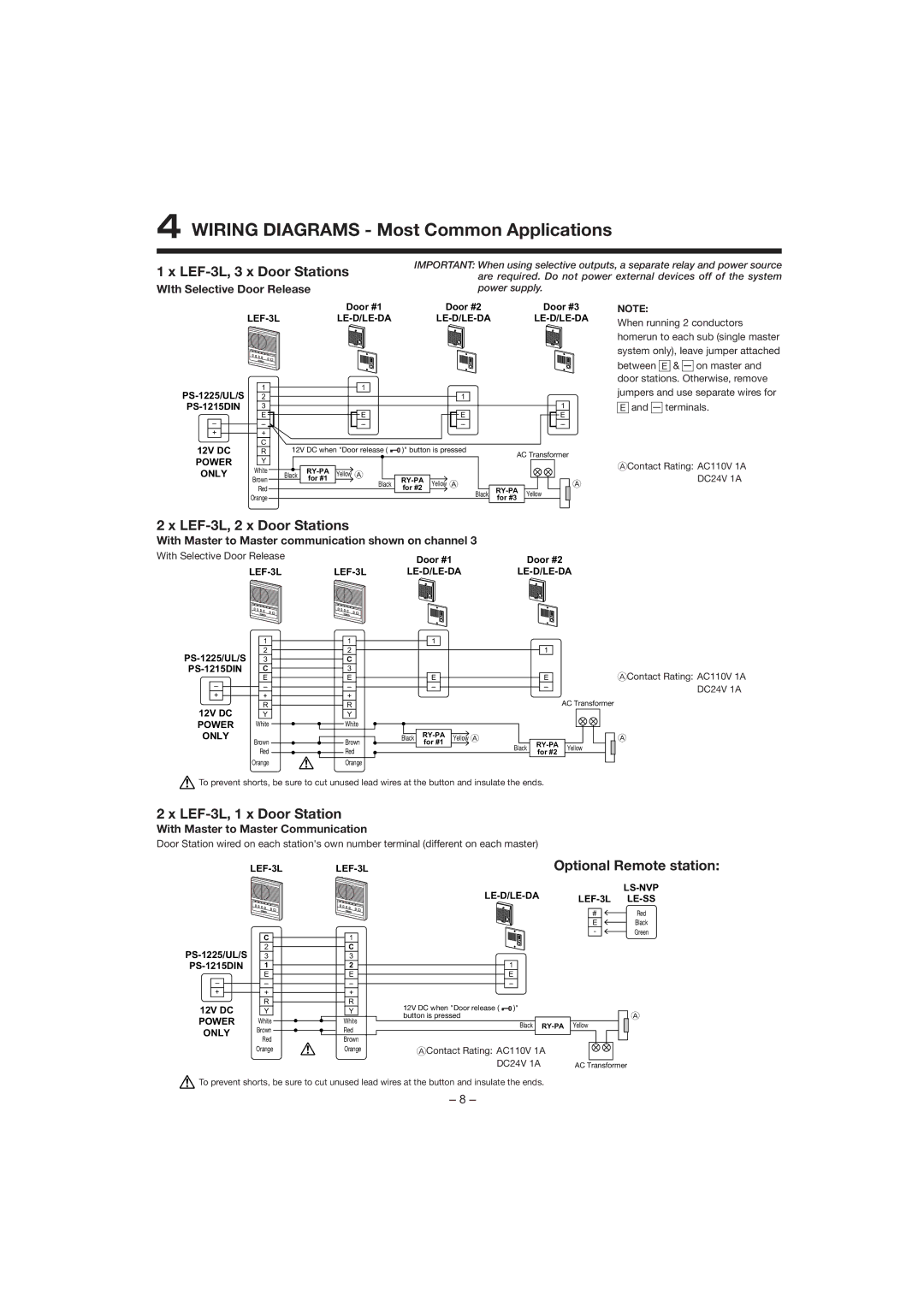 Aiphone manual Wiring Diagrams Most Common Applications, LEF-3L, 3 x Door Stations, LEF-3L, 2 x Door Stations 