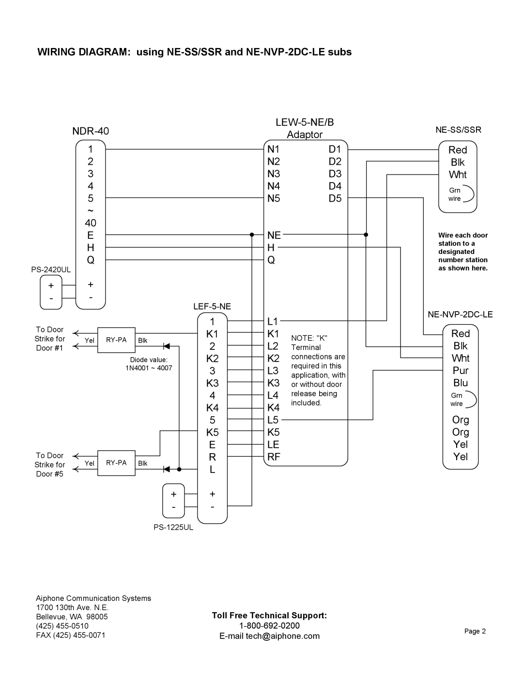 Aiphone LEF-5-NE, LEW-5-NE manual Wiring Diagram using NE-SS/SSR and NE-NVP-2DC-LE subs, Ne-Ss/Ssr 