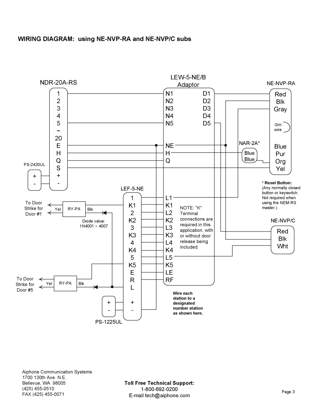 Aiphone LEF-5-NE Wiring Diagram using NE-NVP-RA and NE-NVP/C subs, NDR-20A-RS LEW-5-NE/B, Ne-Nvp-Ra, NAR-2A, Ne-Nvp/C 