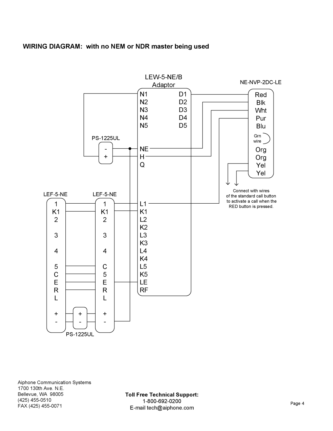 Aiphone LEW-5-NE manual Wiring Diagram with no NEM or NDR master being used, LEF-5-NE NE-NVP-2DC-LE 