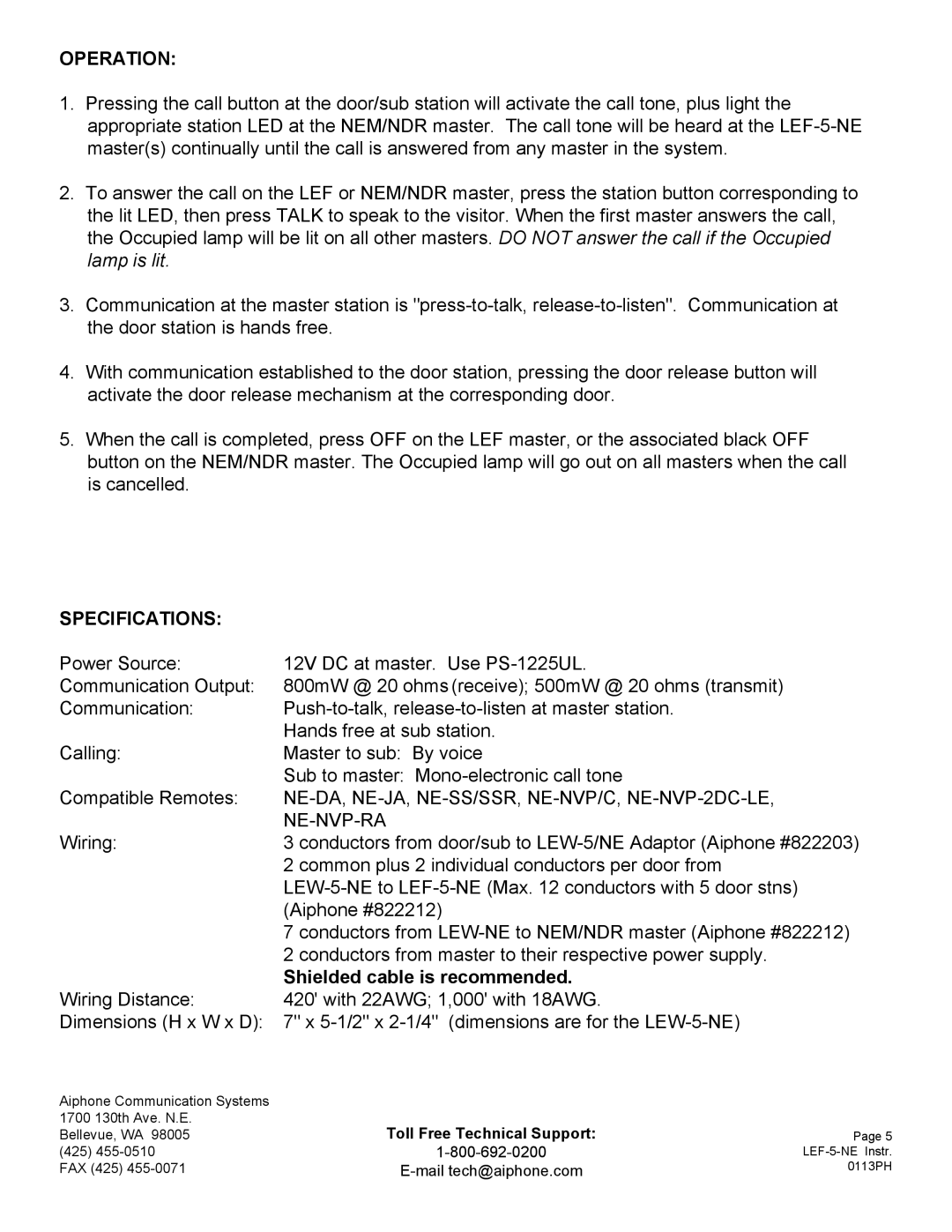 Aiphone LEW-5-NE, LEF-5-NE manual NE-DA, NE-JA, NE-SS/SSR, NE-NVP/C, NE-NVP-2DC-LE, Ne-Nvp-Ra, Shielded cable is recommended 