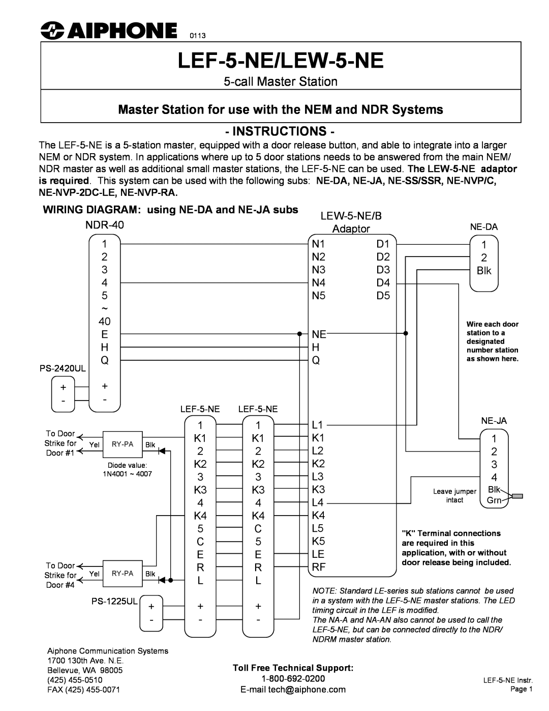 Aiphone manual WIRING DIAGRAM using NE-DAand NE-JAsubs, LEF-5-NE/LEW-5-NE, callMaster Station, Instructions 