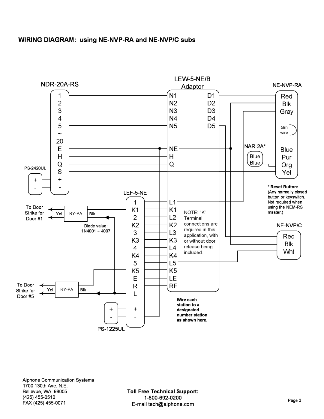 Aiphone LEW-5-NE, LEF-5-NE manual WIRING DIAGRAM using NE-NVP-RAand NE-NVP/Csubs 